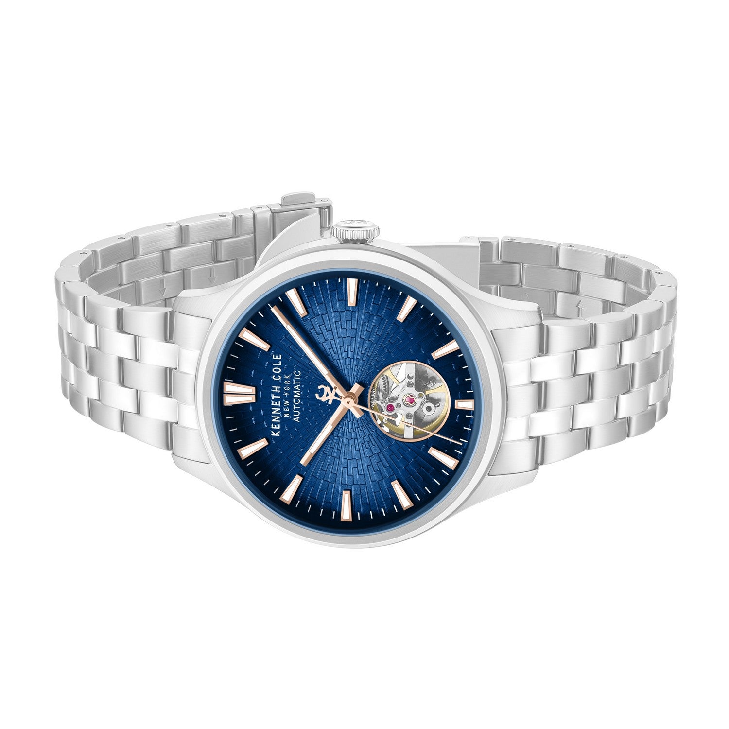 Silver watch with blue dial on a white background