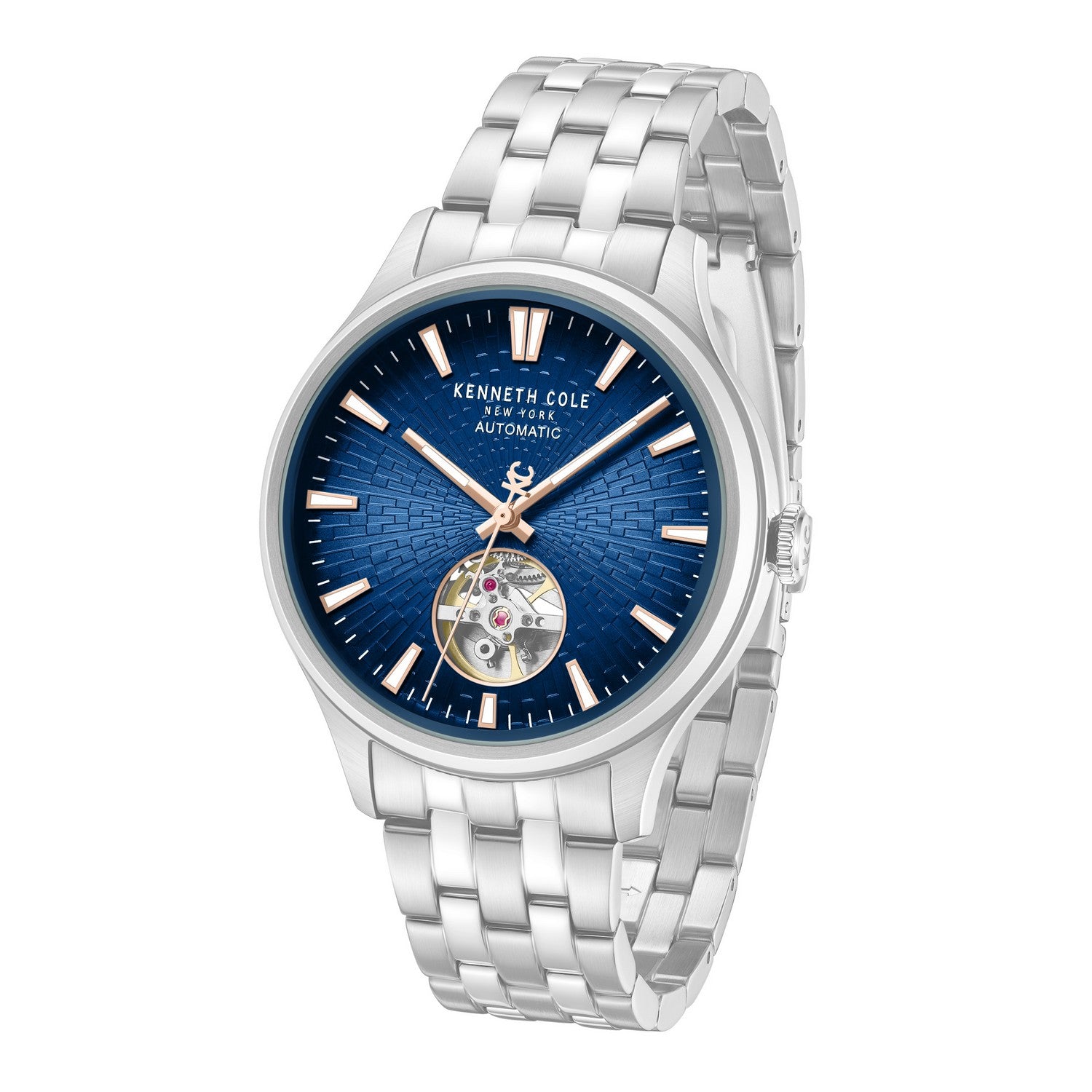 Silver watch with blue face on a white background
