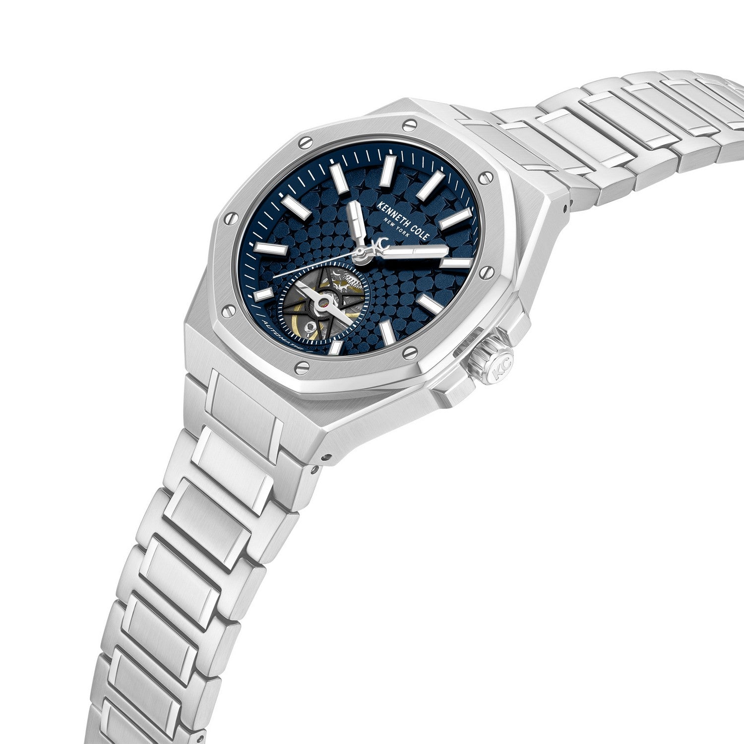 Silver watch with blue dial on a white background