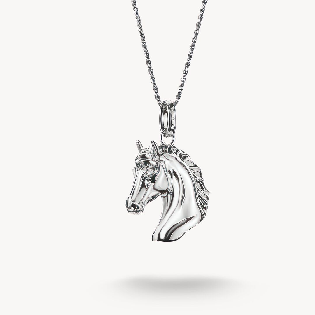 Silver horse head pendant on a chain against a white background