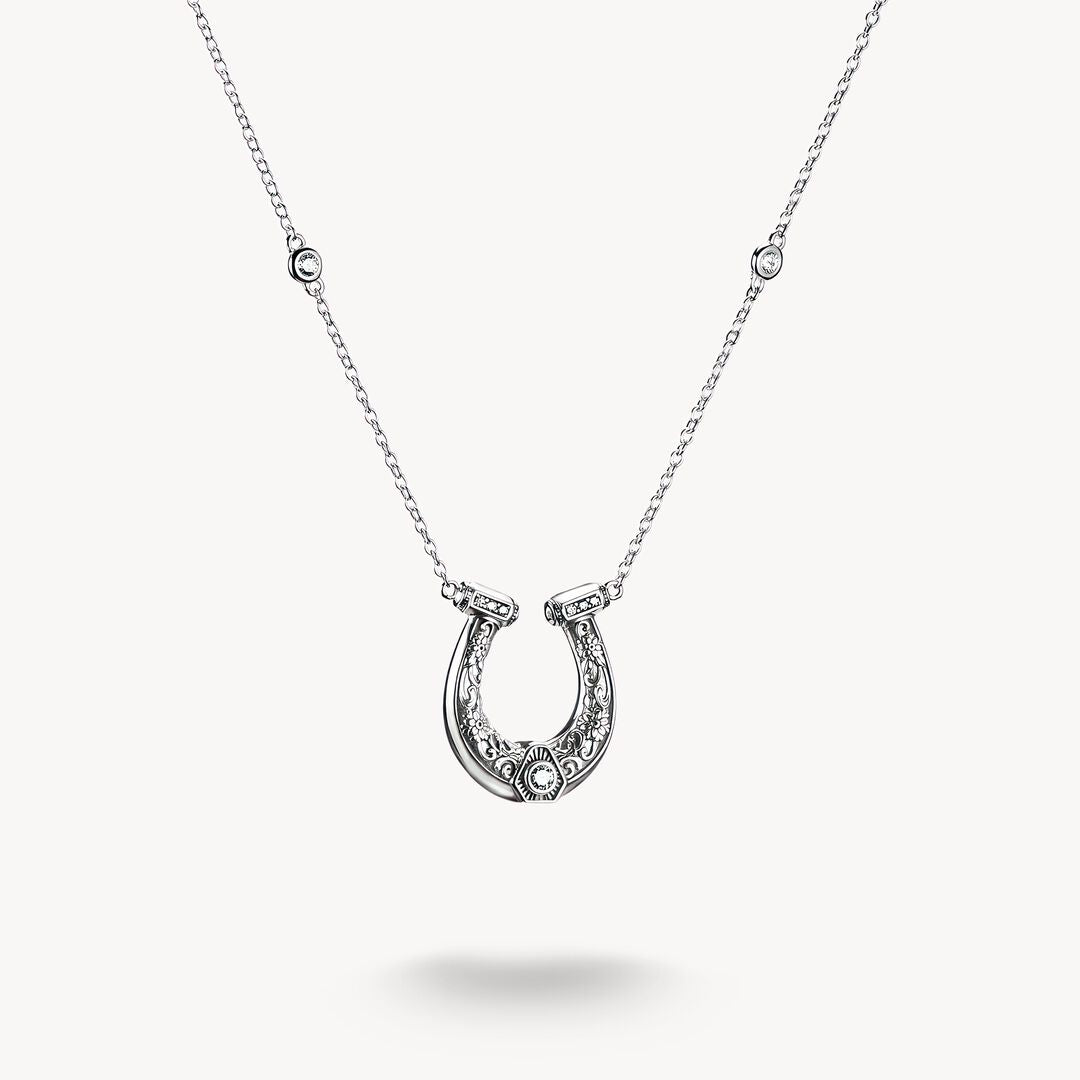 Silver horseshoe necklace on a white background