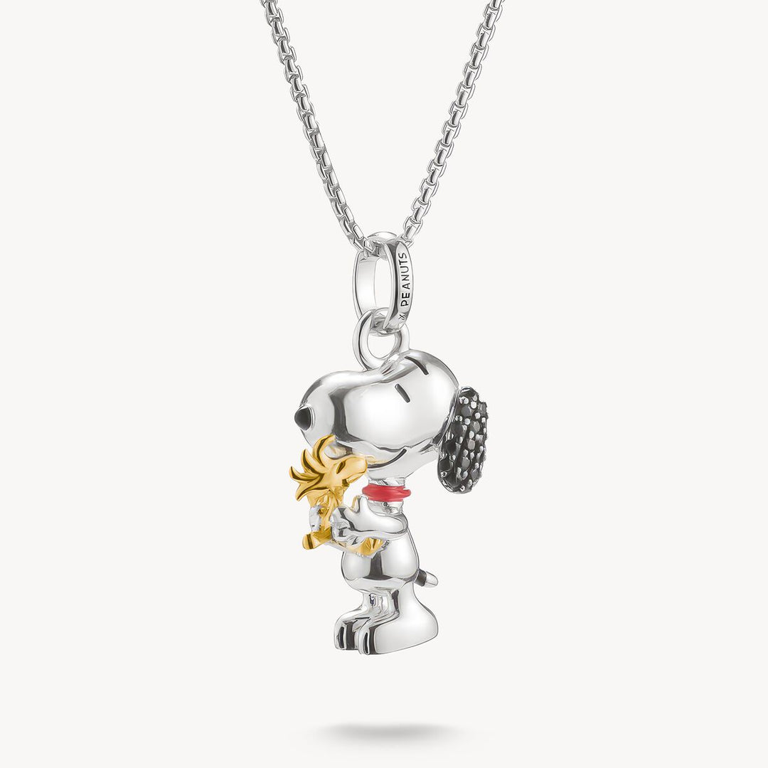 Sterling Silver 18ct Gold Peanuts Snoopy And Woodstock Pavé Necklace KE2345-565-7