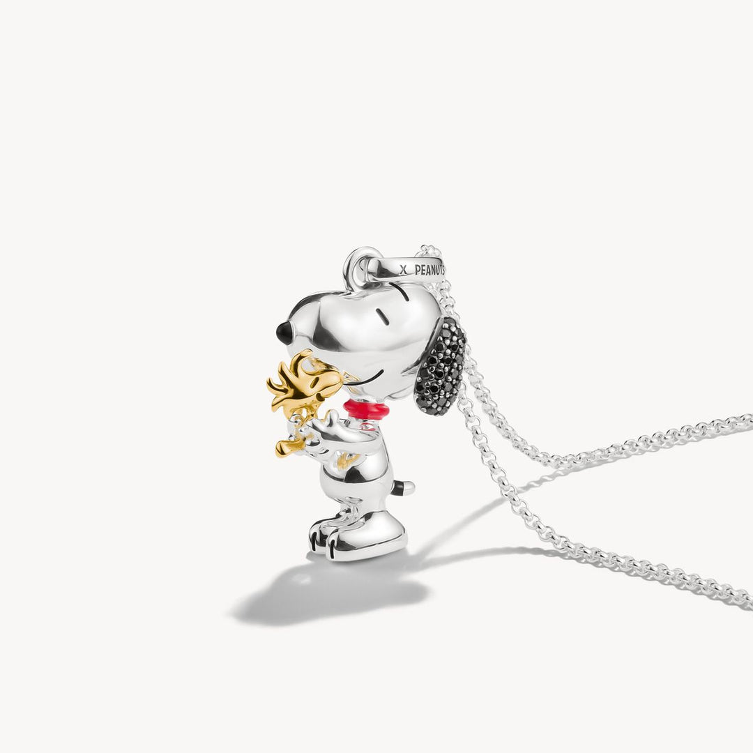 Sterling Silver 18ct Gold Peanuts Snoopy And Woodstock Pavé Necklace KE2345-565-7