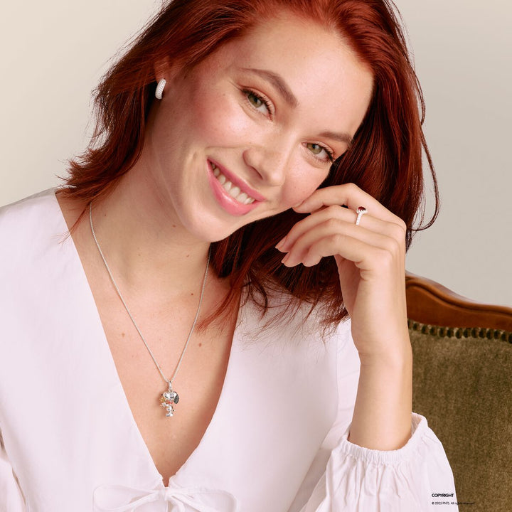 Sterling Silver 18ct Gold Peanuts Snoopy And Woodstock Pavé Necklace KE2345-565-7