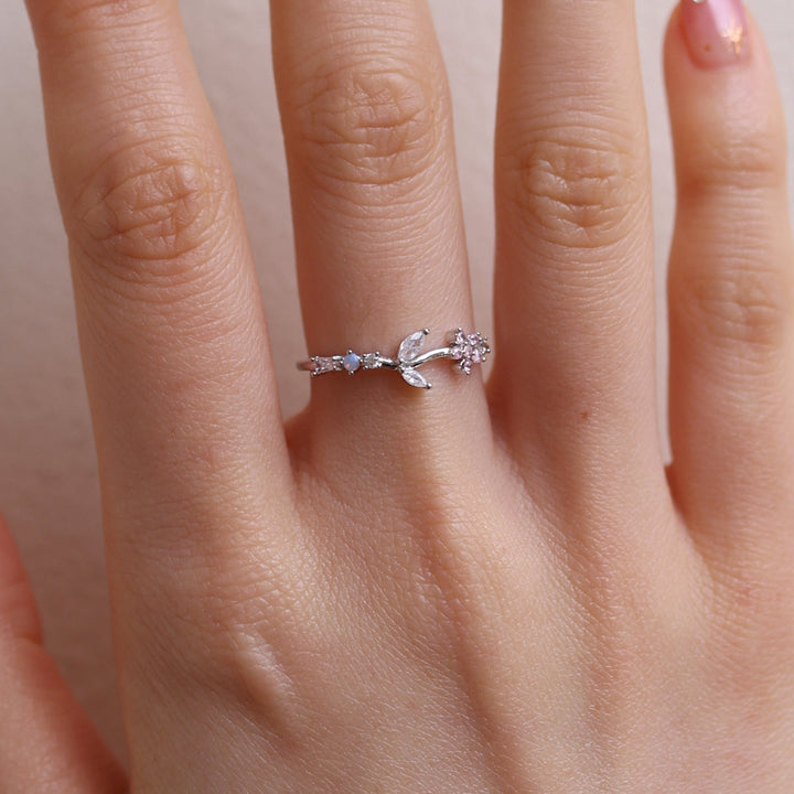 Moonstone flower leaf ring-4
