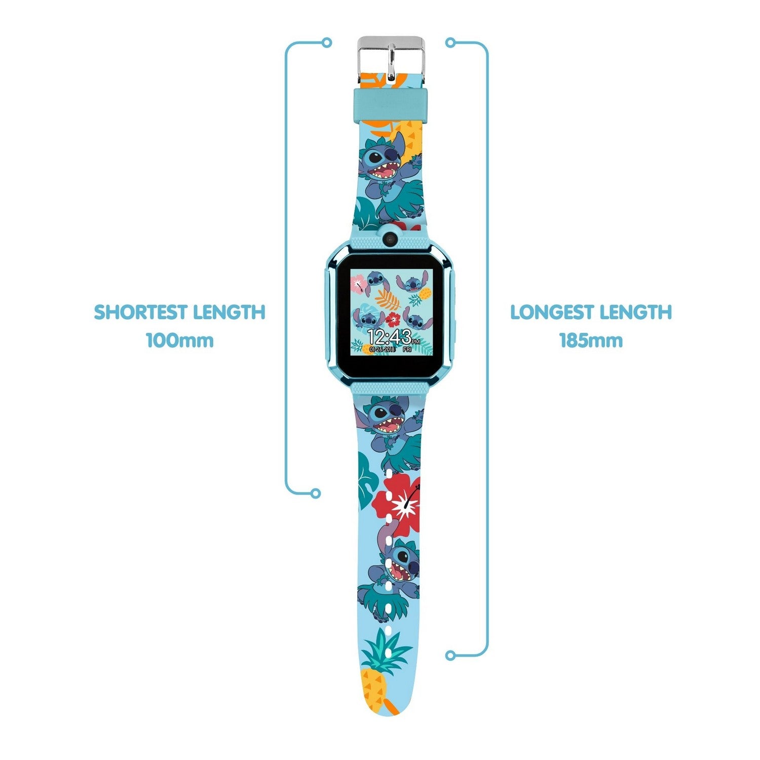 Smartwatch with a floral strap showing length measurements on a white background