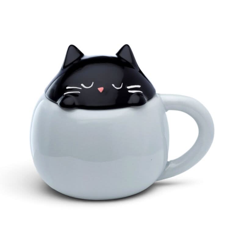 Feline Fine Black Cat Peeping Lid Ceramic Lidded Animal Mug LMUG02