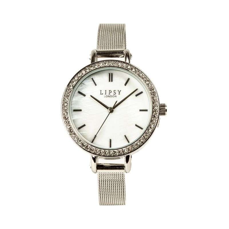 Lipsy Silver Mesh Strap Silver Marble Dial Stone Set Bezel Watch LP972