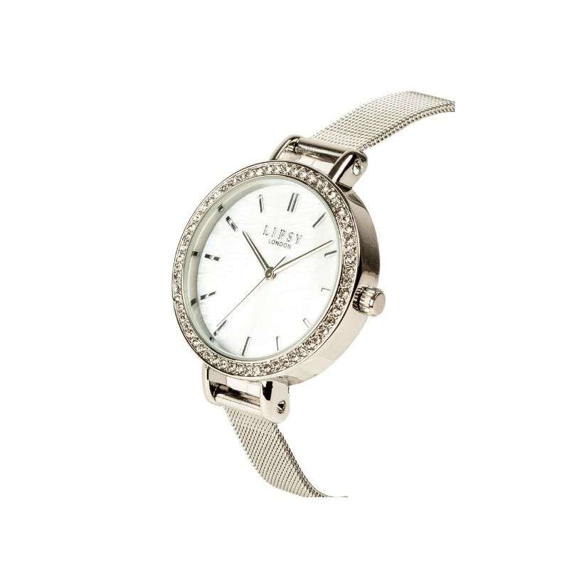 Lipsy Silver Mesh Strap Silver Marble Dial Stone Set Bezel Watch LP972
