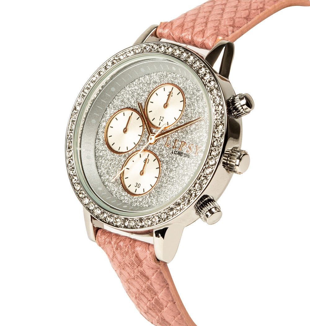 Lipsy Pink Croc Effect Strap Silver Glitter Dial Stone Set Bezel Watch LP977