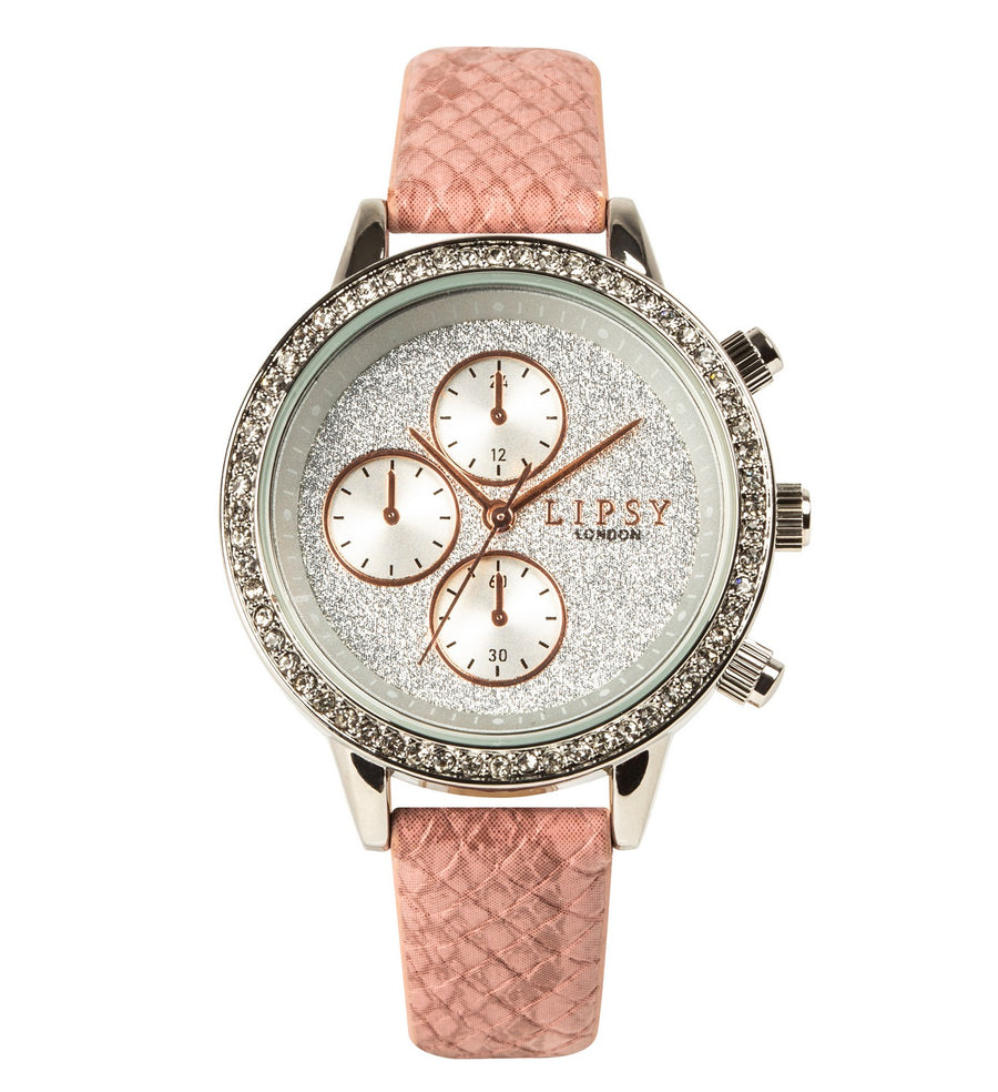 Lipsy Pink Croc Effect Strap Silver Glitter Dial Stone Set Bezel Watch LP977