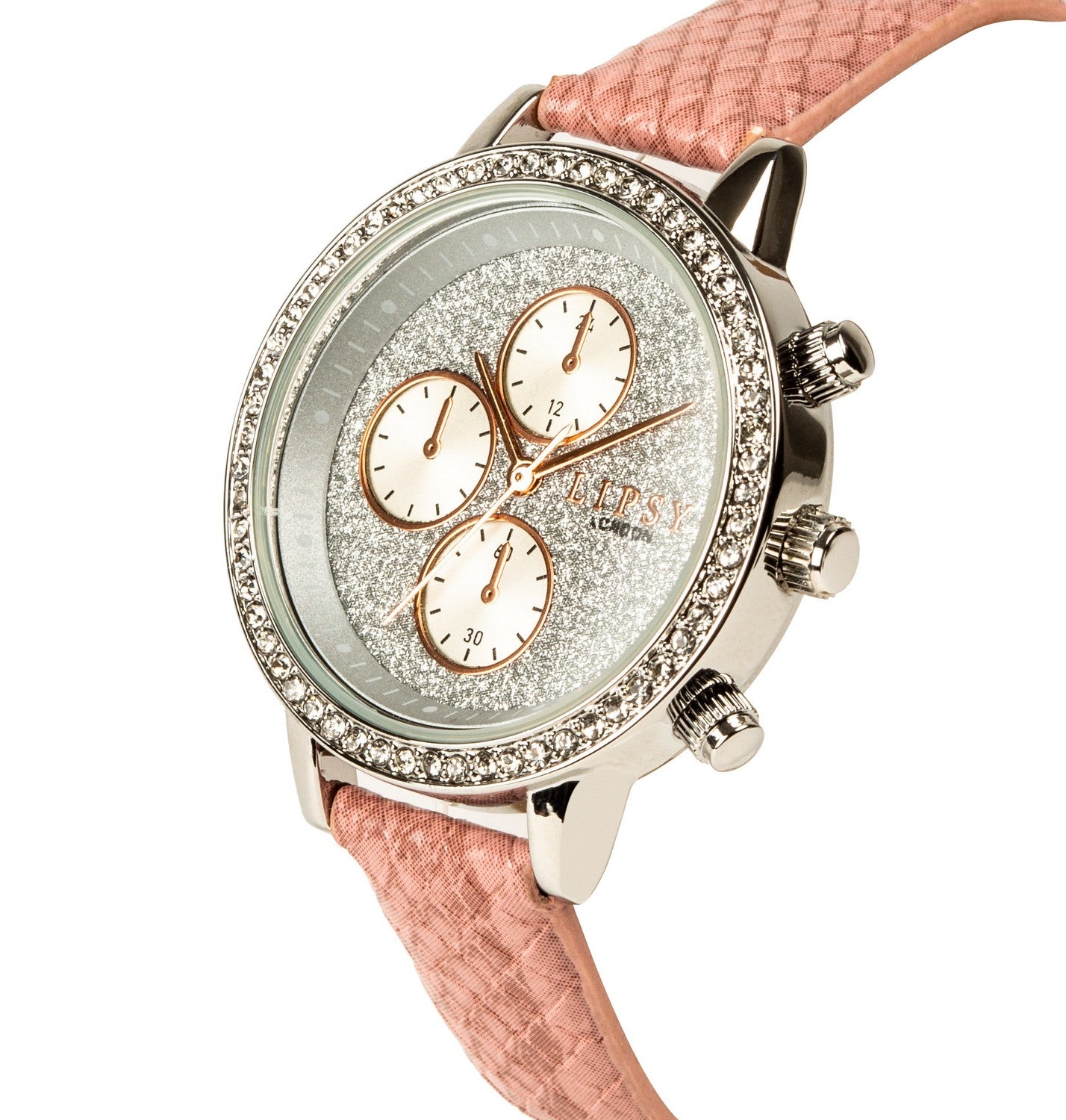 Lipsy Pink Croc Effect Strap Silver Glitter Dial Stone Charm Bracelet & Watch Gift Set LP977G