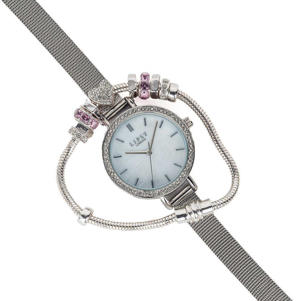 Lipsy Silver Mesh Strap Marble Dial Stone Pink Charm Bracelet & Watch Gift Set LP972G