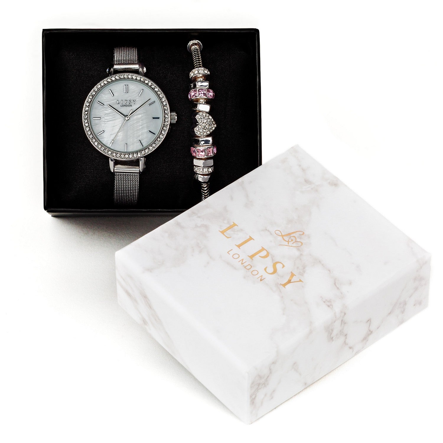Lipsy Silver Mesh Strap Silver Marble Dial Stone Set Bezel Watch LP972
