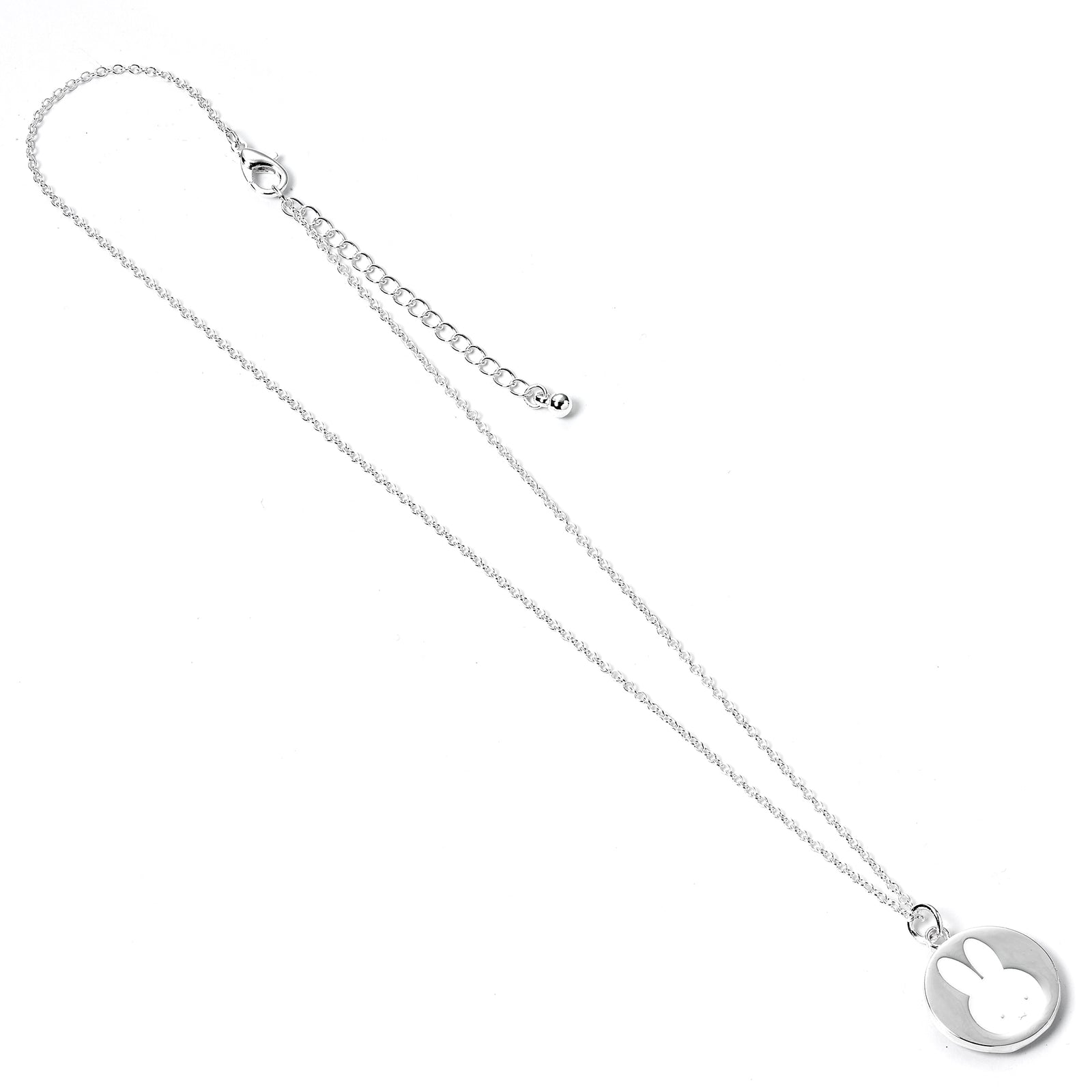 Silver necklace with a small round pendant on a white background