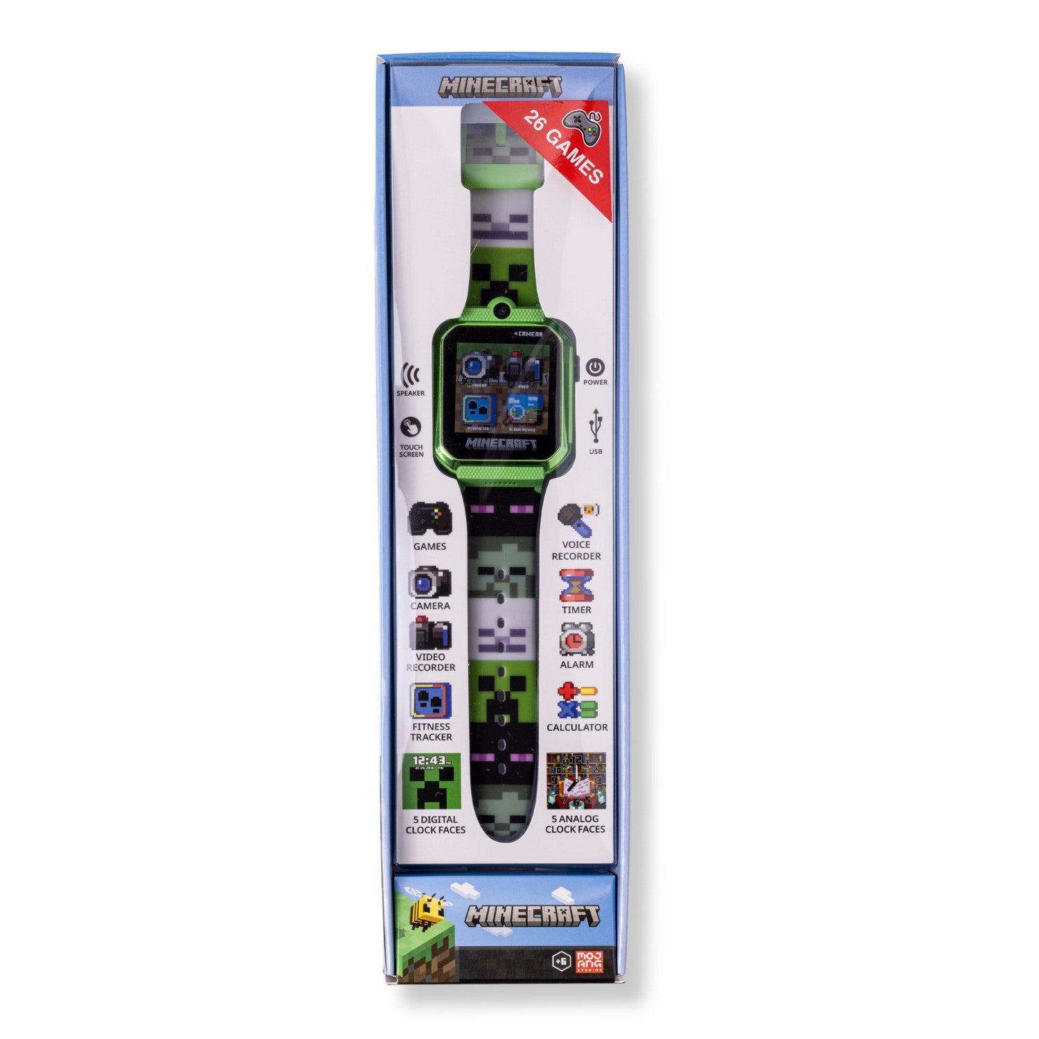 Minecraft-themed digital watch in packaging on a white background