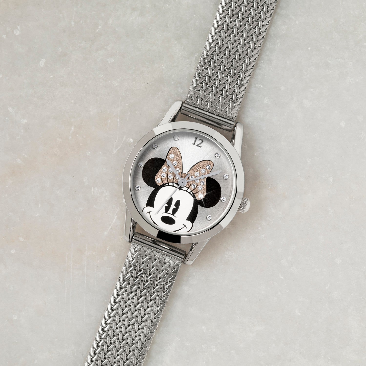 Disney Mickey & Minnie Mouse Silver Stainless Steal Mesh Strap Sterling Watch MN8008