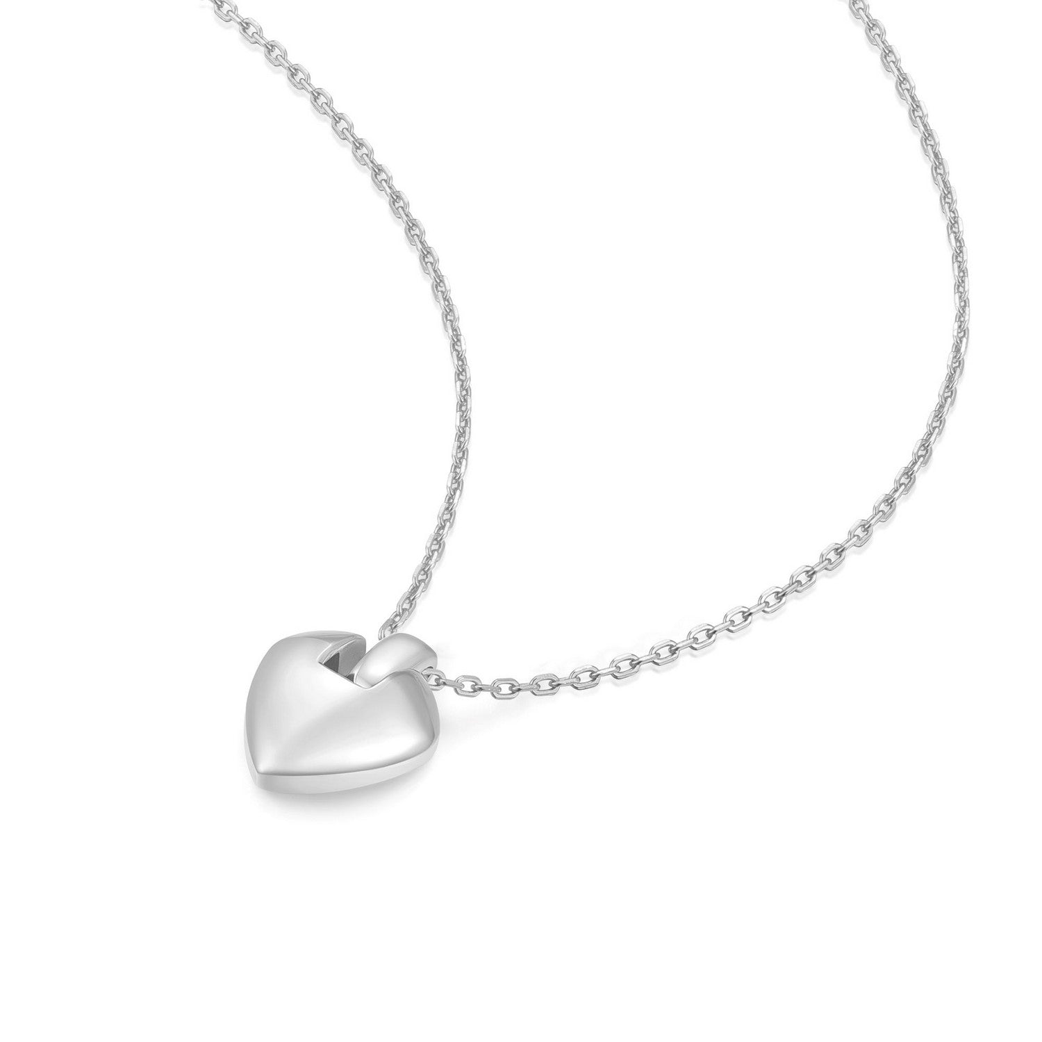 Silver heart-shaped pendant on a chain against a white background