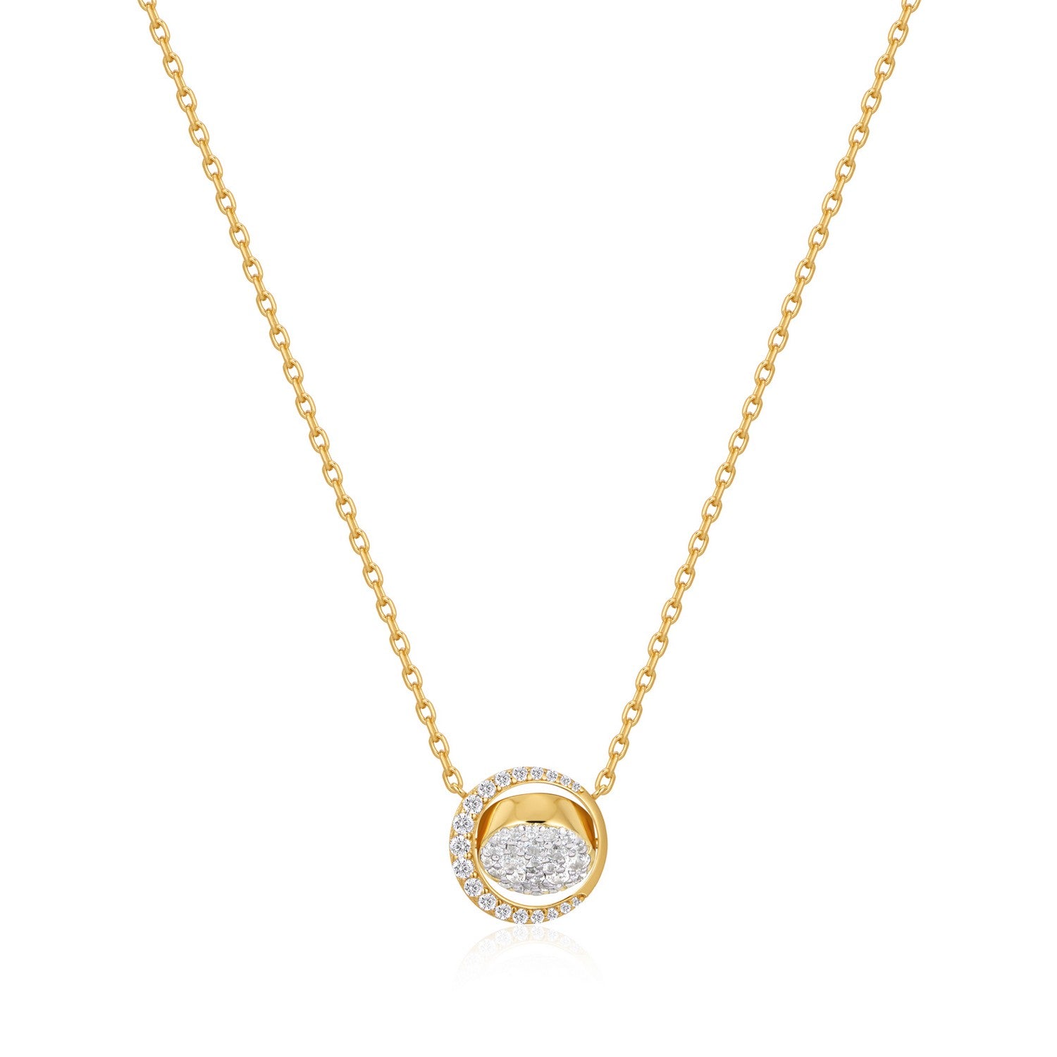 Gold necklace with a round pendant on a white background
