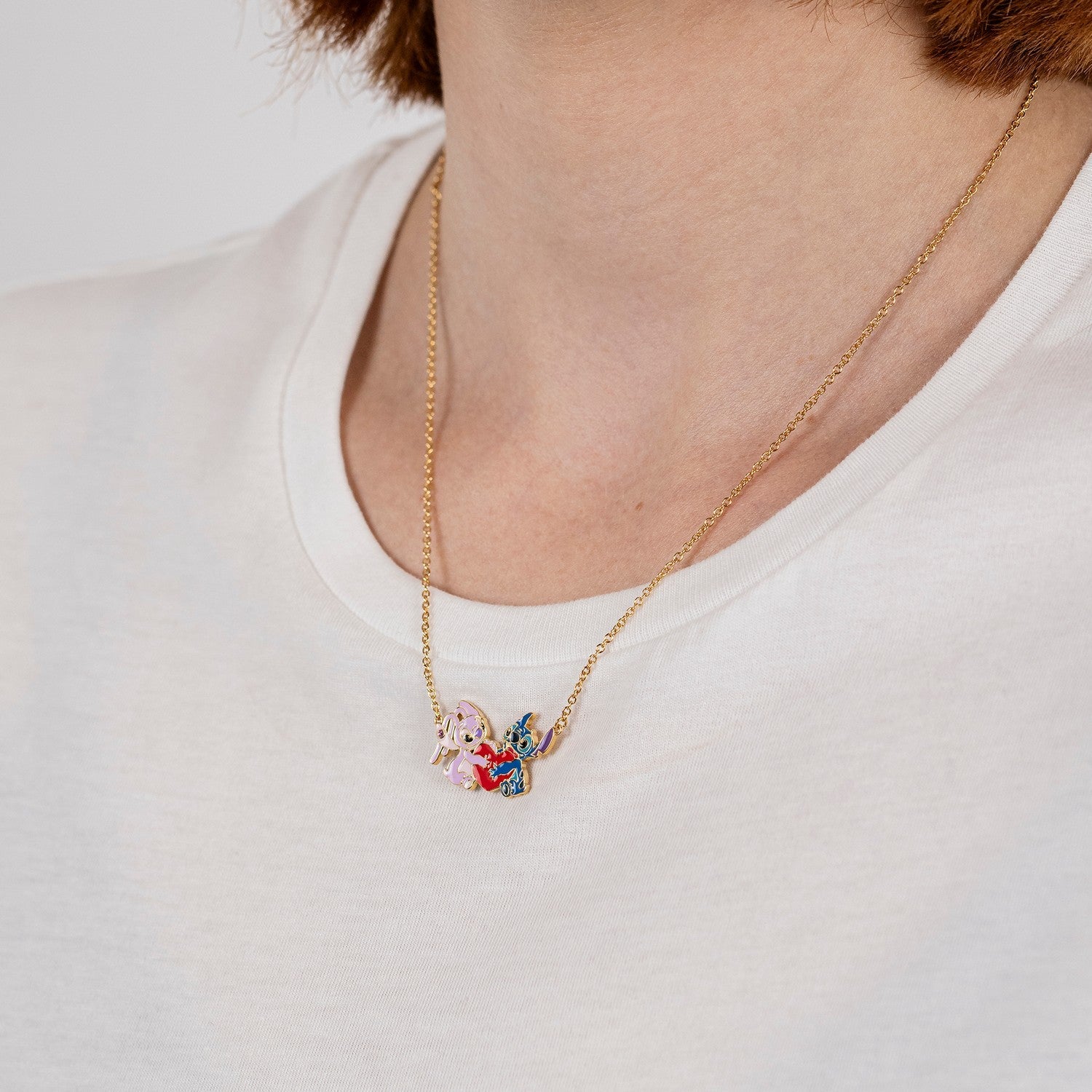 Disney Brass Yg Plt 18" Stitch And Angel Enamel Heart Necklace NF00777YRUL-18.PA
