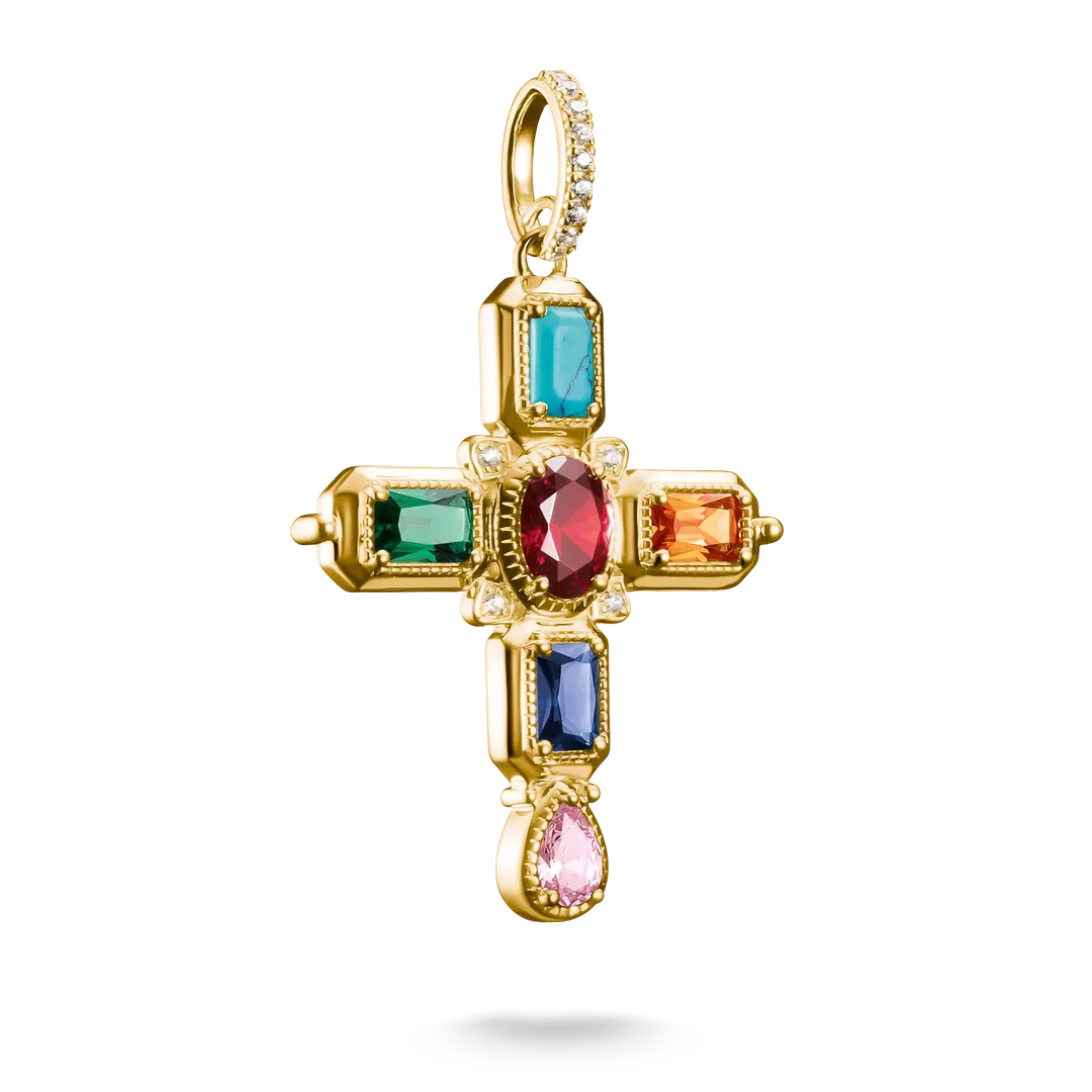 A gold cross pendant featuring multiple colorful gemstones in a cross-shaped arrangement, including turquoise, green, red, orange, blue, pink, and clear accent stones, shown on a white background.