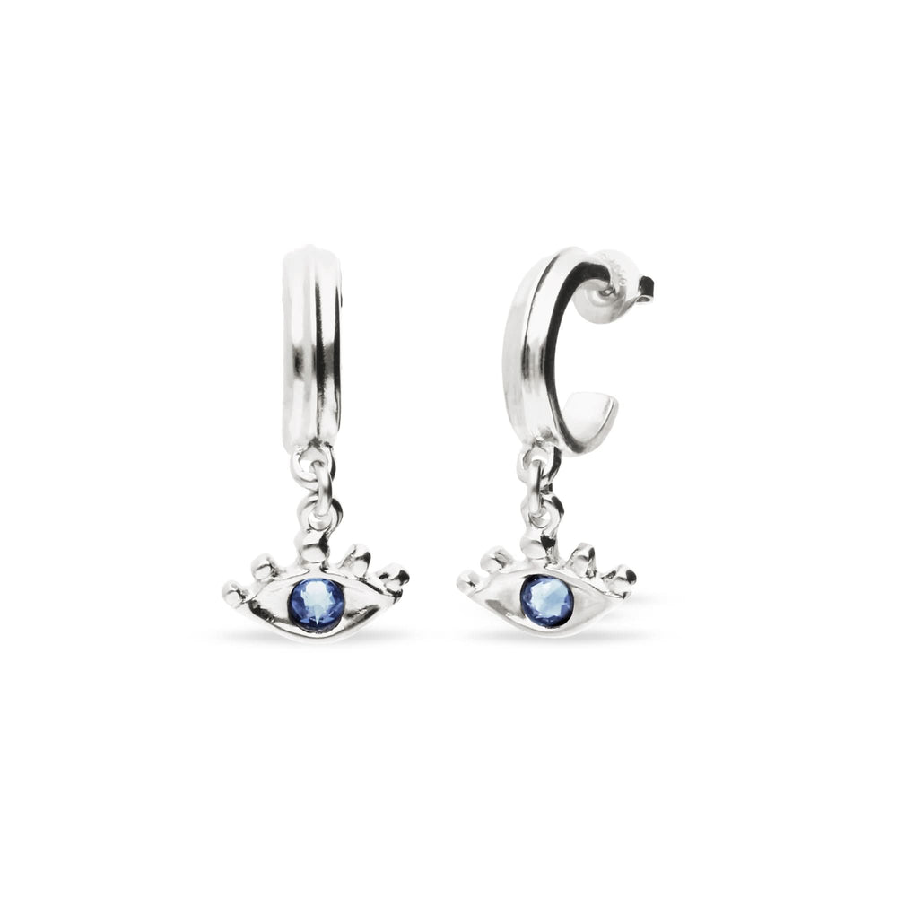 Metal Alloy Hoop Plated Sterling Silver Eye Detail Faceted Crystal Blue Hoop Earrings PEN1005AZUMTL