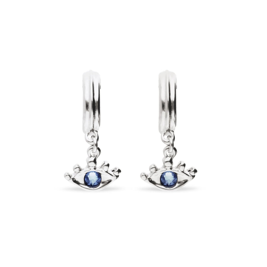 Metal Alloy Hoop Plated Sterling Silver Eye Detail Faceted Crystal Blue Hoop Earrings PEN1005AZUMTL