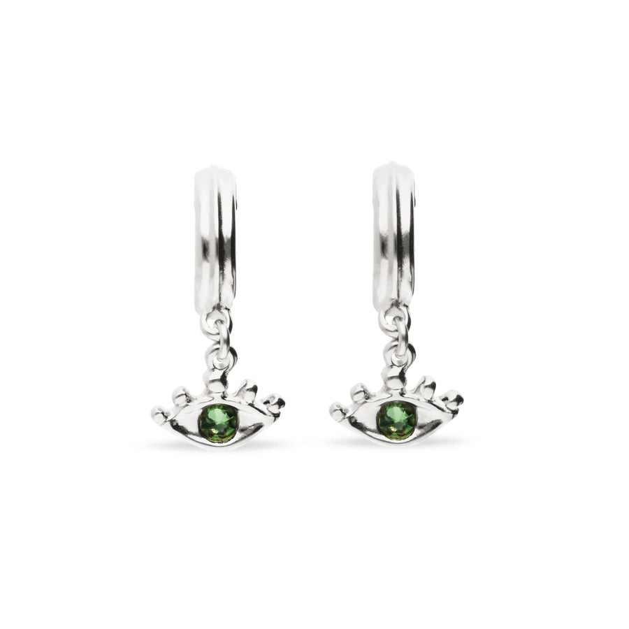 Metal Alloy Plated Sterling Silver Eye Faceted Crystal Green Hoop Earrings PEN1005VRDMTL