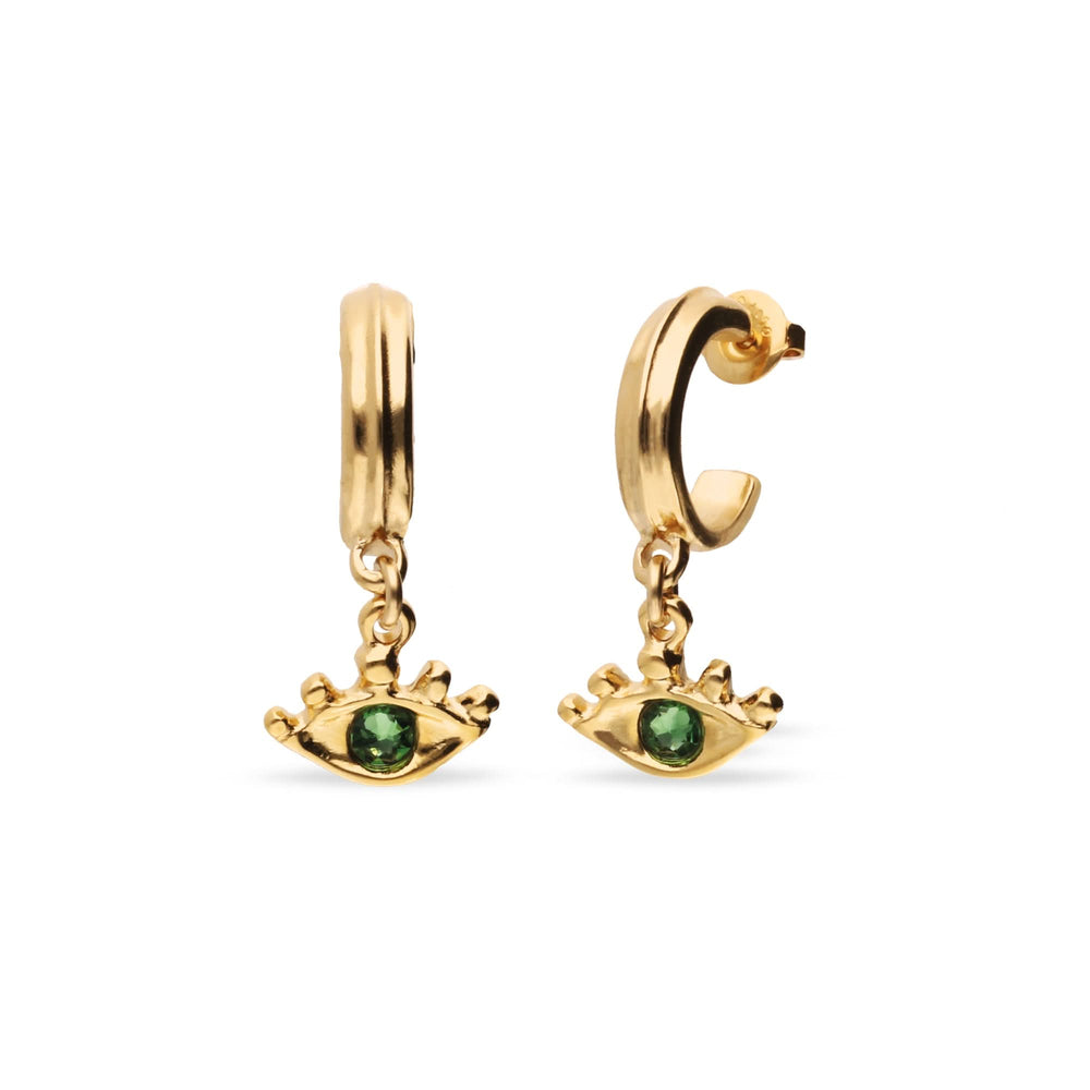 Metal Alloy Plated Gold 18K Eye Detail Faceted Crystal Green Hoop Earrings PEN1005VRDORO
