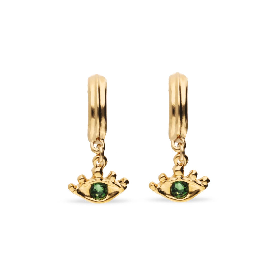 Metal Alloy Plated Gold 18K Eye Detail Faceted Crystal Green Hoop Earrings PEN1005VRDORO