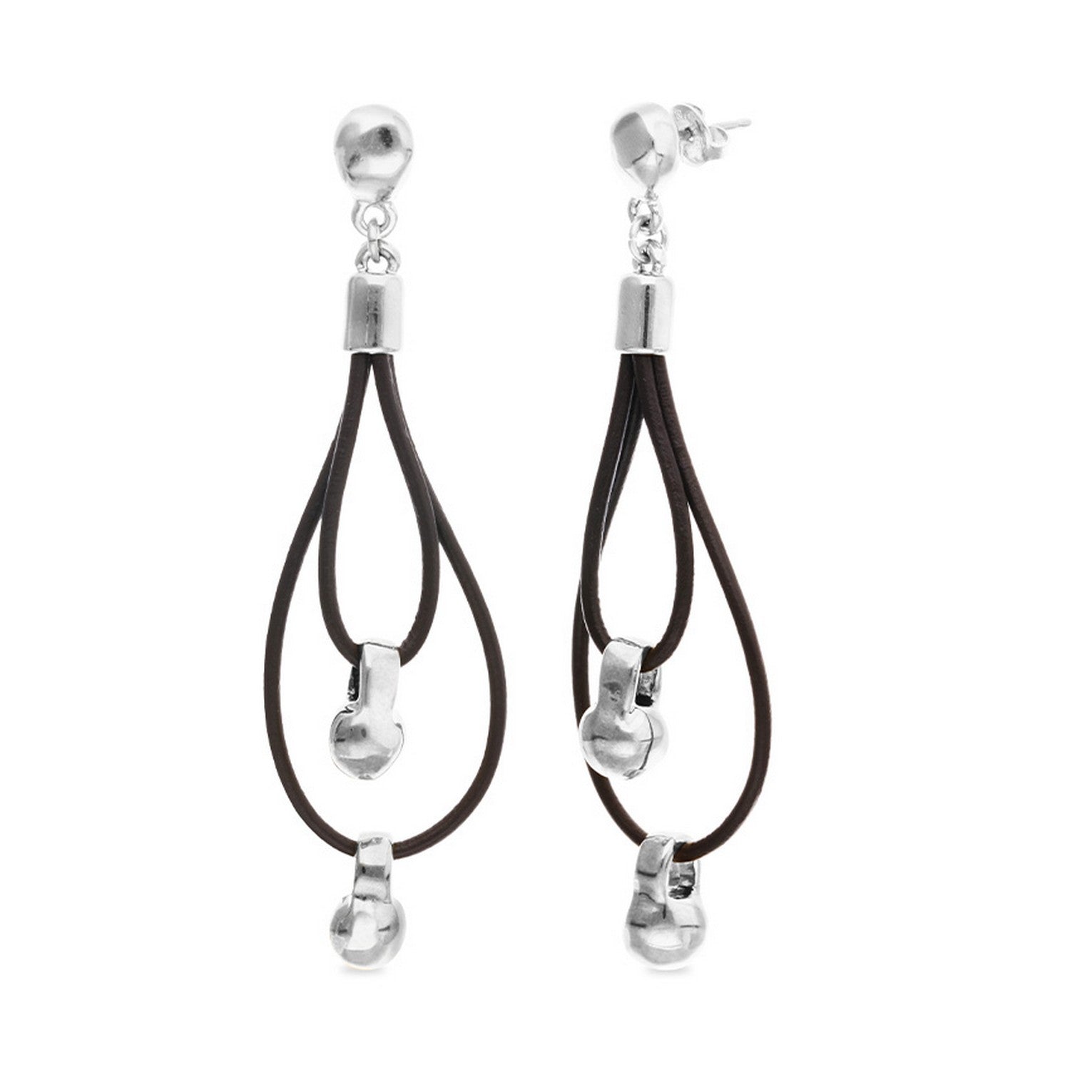 Leather Long Double Sterling Silverplated Ball Detail Earrings PEN1061MARMTL