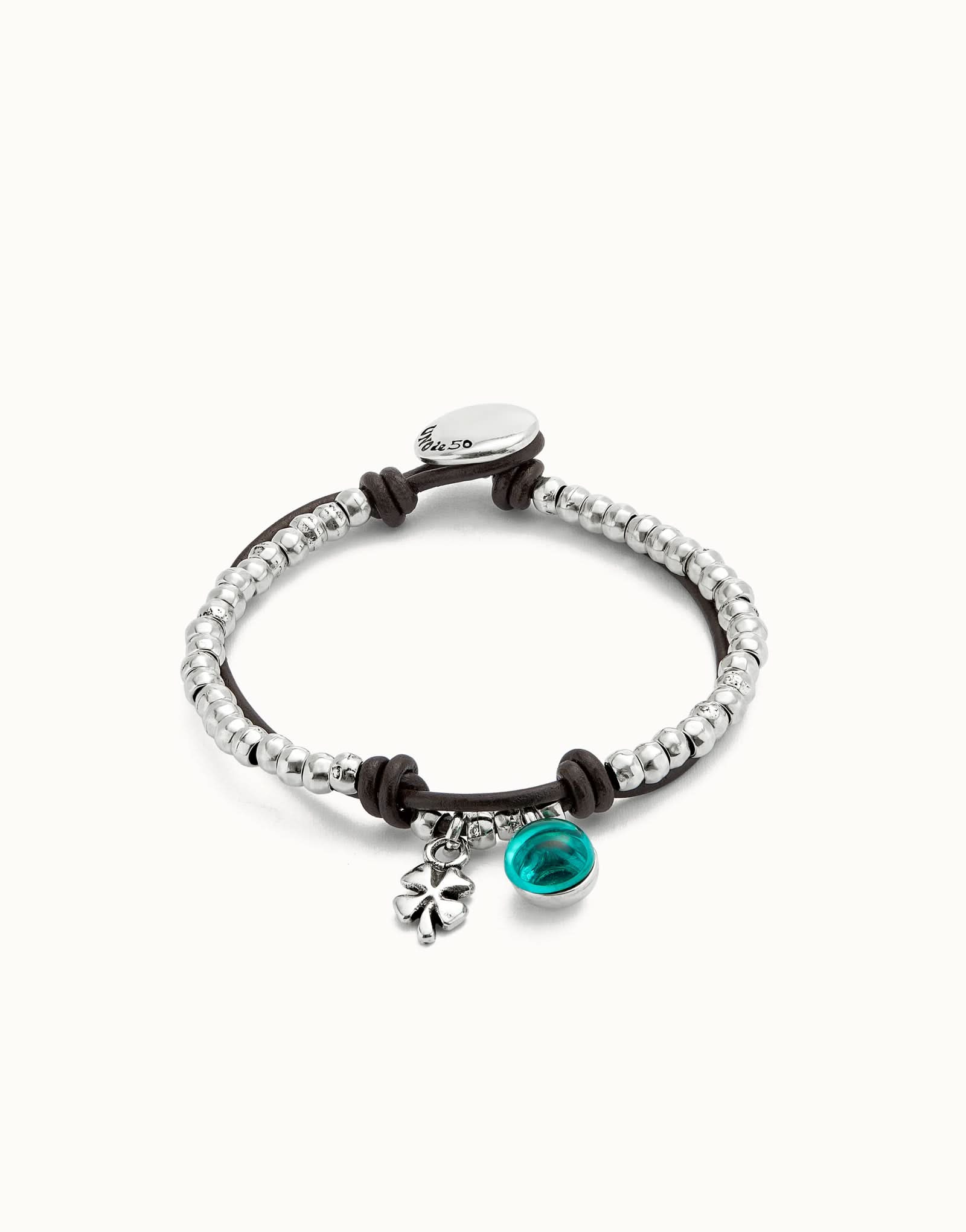 Elegant Sterling Silver Plated Ser Fascinante Green Bracelet PUL2529VRDMTL0 featuring green Murano glass and leather, a stunning luxury accessory.