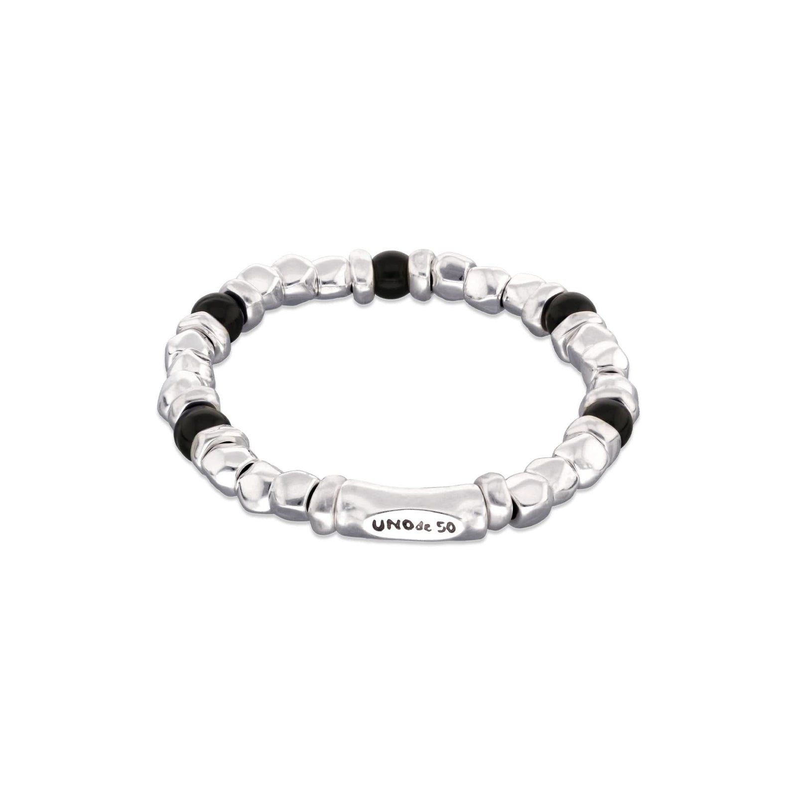 Metal Alloy Sterling Silver Plated And Black Murano Glass Beaded Stretch Bracelet PUL2585NGRMTL