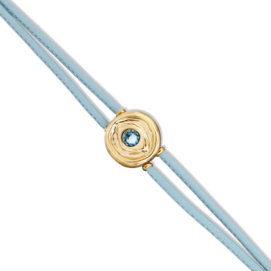 Double Blue Leather Metal Alloy Eye Detail Pleated Gold 18K Crystal Bracelet PUL2601AZCORO0M