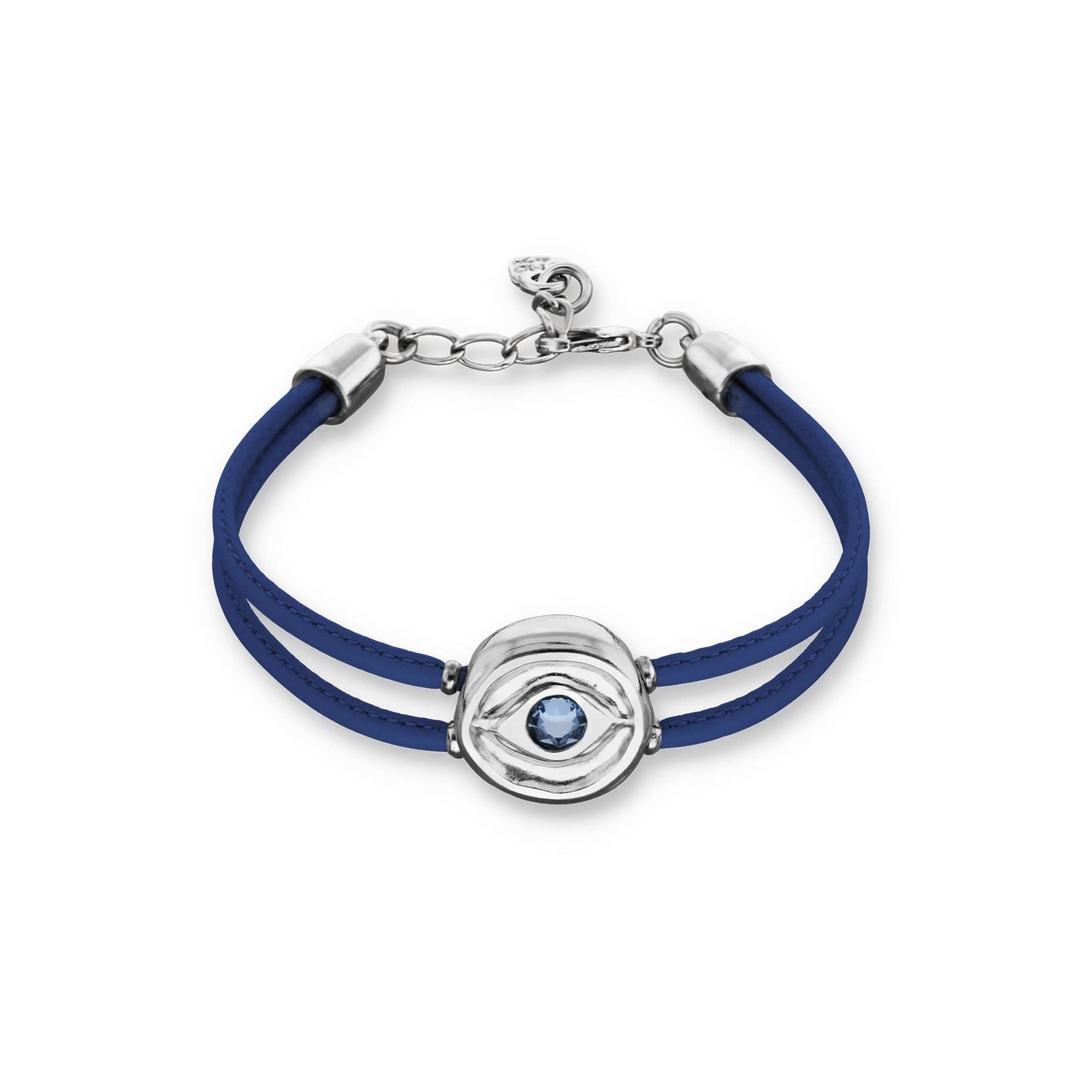 Double Dark Blue Leather Metal Alloy Eye Pleated Sterling Silver Crystal Bracelet PUL2601AZOMTL0M