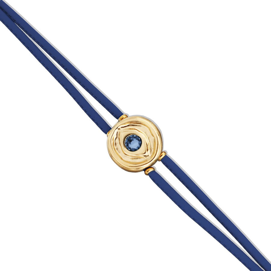 Double Blue Leather Metal Alloy Eye Detail Pleated Gold 18K Crystal Bracelet PUL2601AZOORO0M