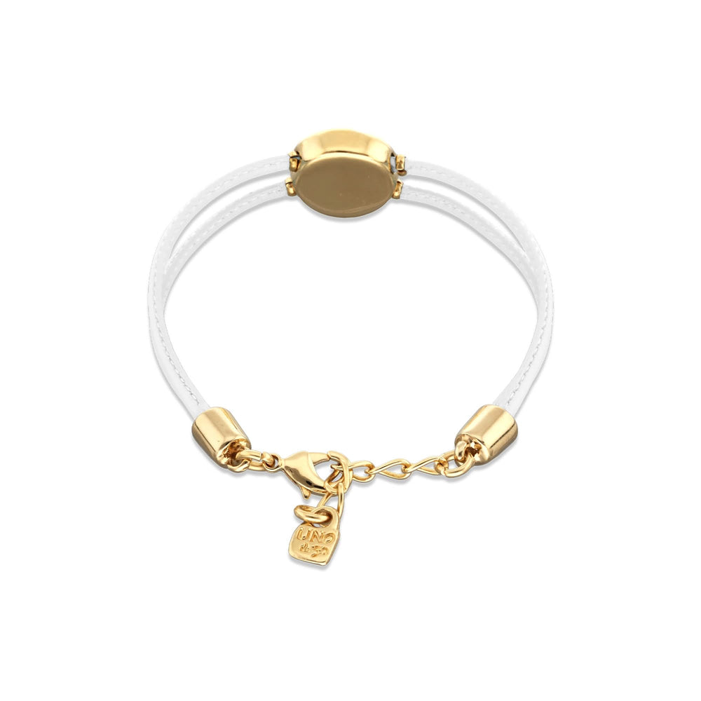 Double White Leather Metal Alloy Eye Detail Pleated Gold 18K Crystal Bracelet PUL2601BLCORO0M