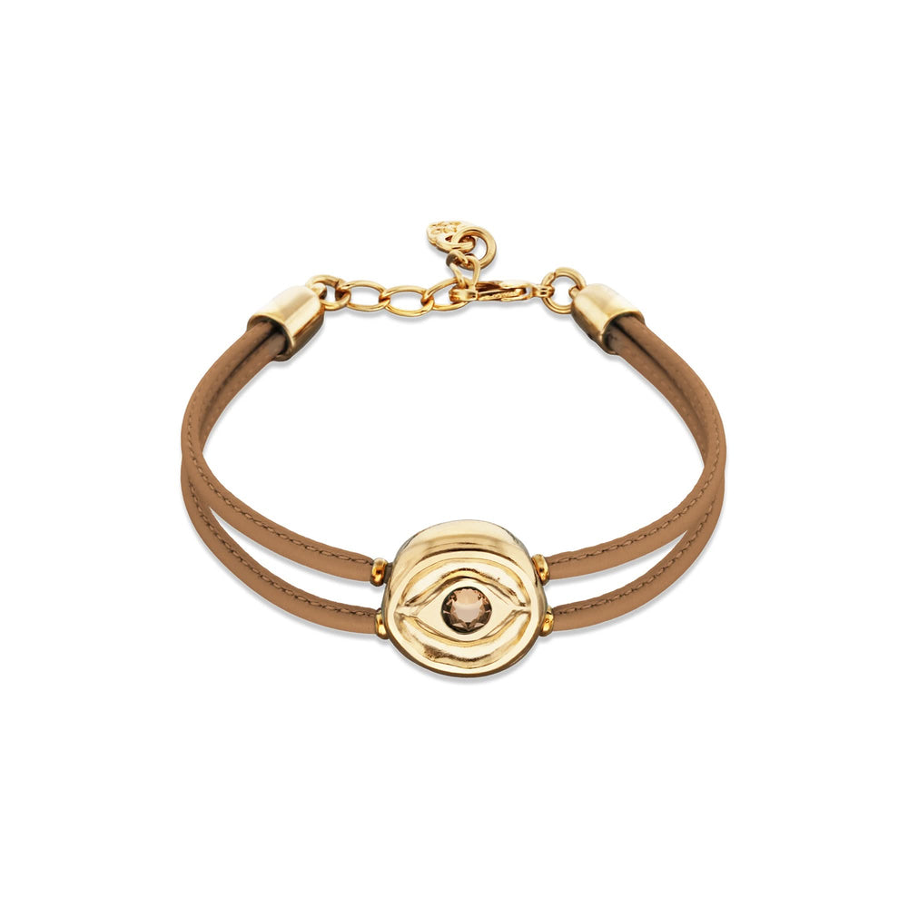 Double Cream Leather Metal Alloy Eye Detail Pleated Gold 18K Crystal Bracelet PUL2601CREORO0M