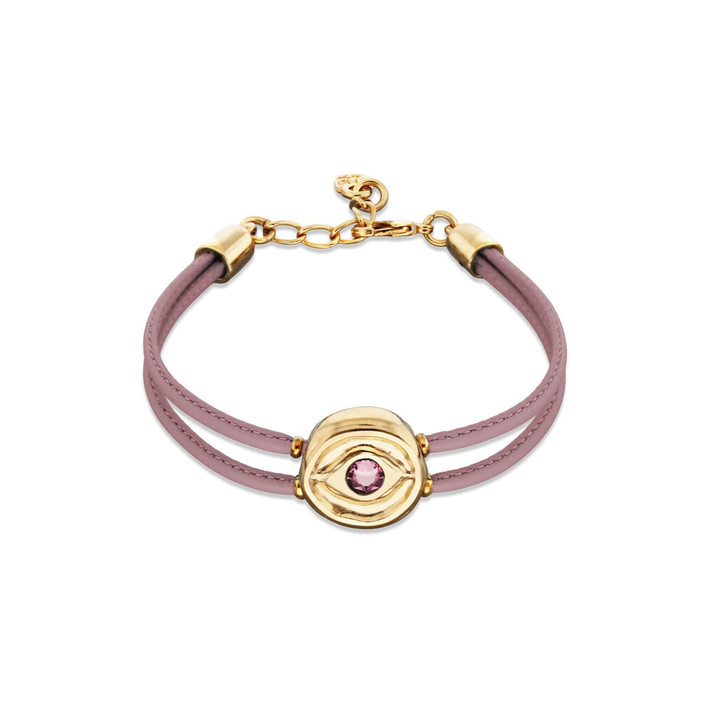 Double Lilac Leather Metal Alloy Eye Detail Pleated Gold 18K Crystal Bracelet PUL2601LILORO0M