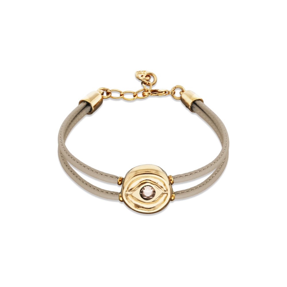 Double Ivory Leather Metal Alloy Eye Detail Pleated Gold 18K Crystal Bracelet PUL2601MFLORO0M