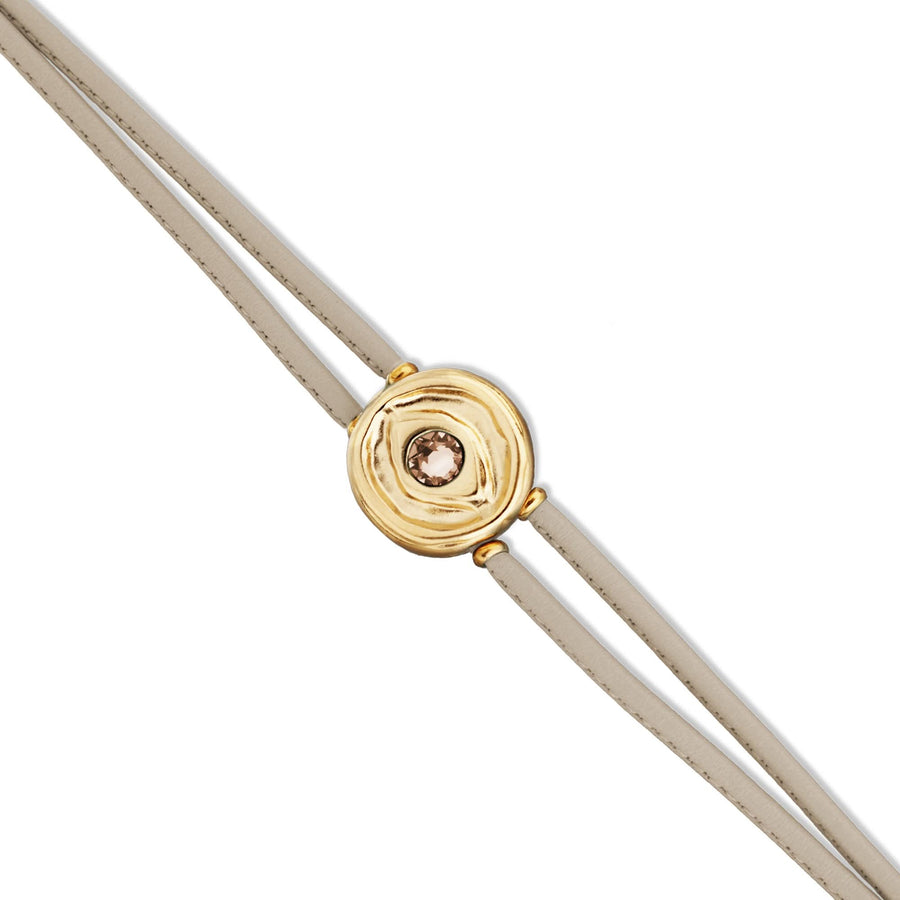 Double Ivory Leather Metal Alloy Eye Detail Pleated Gold 18K Crystal Bracelet PUL2601MFLORO0M