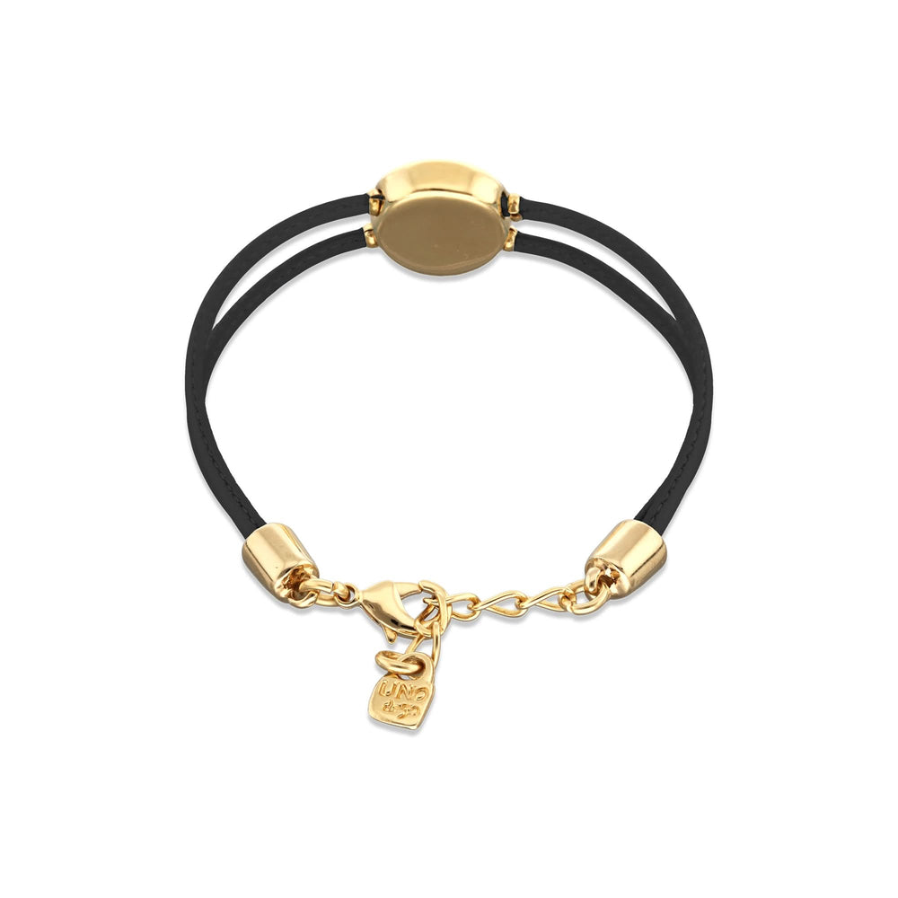 Double Black Leather Metal Alloy Eye Detail Pleated Gold 18K Crystal Bracelet PUL2601NGRORO0M