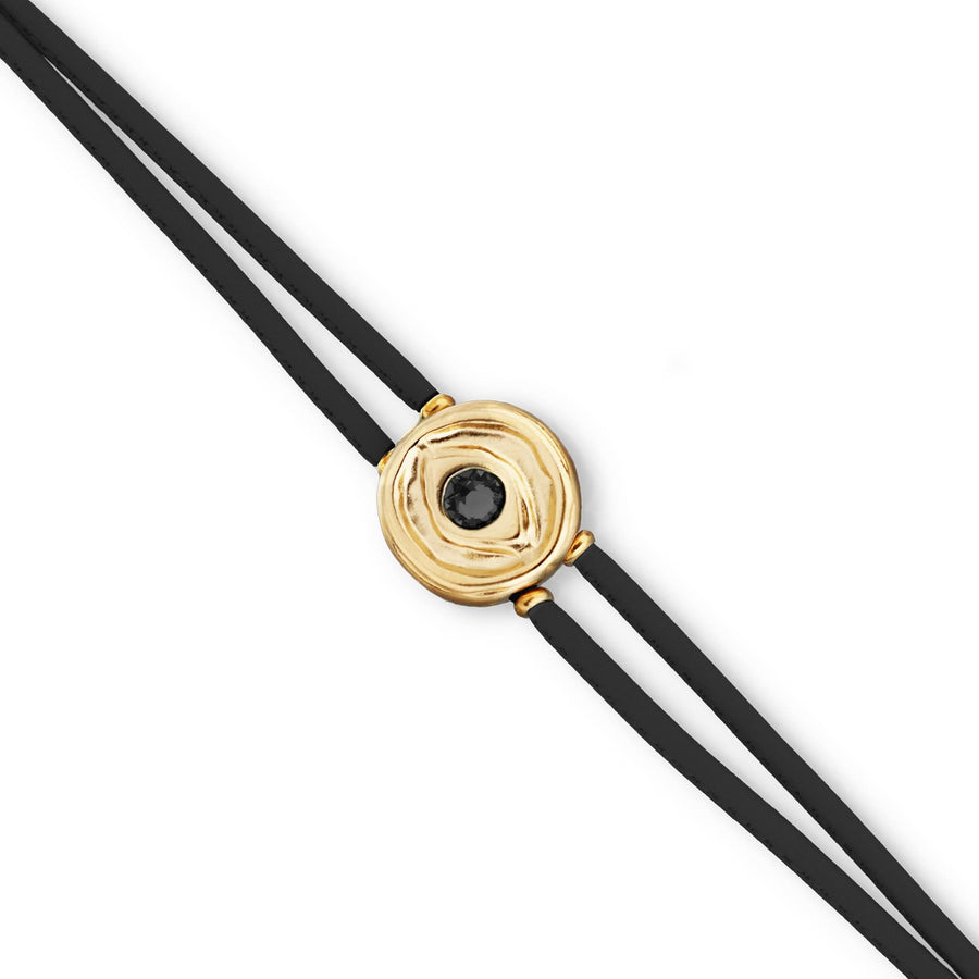 Double Black Leather Metal Alloy Eye Detail Pleated Gold 18K Crystal Bracelet PUL2601NGRORO0M