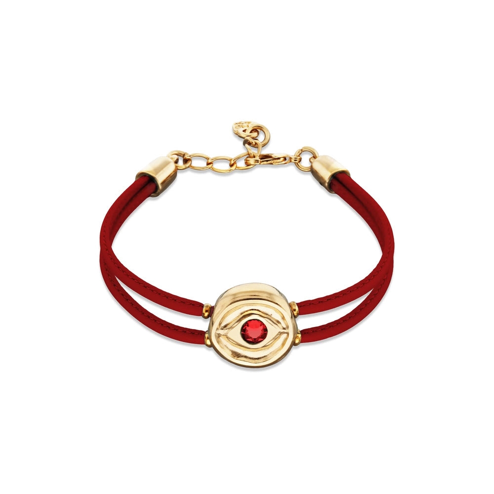 Double Red Leather Metal Alloy Eye Detail Pleated Gold 18K Crystal Bracelet PUL2601ROJORO0M