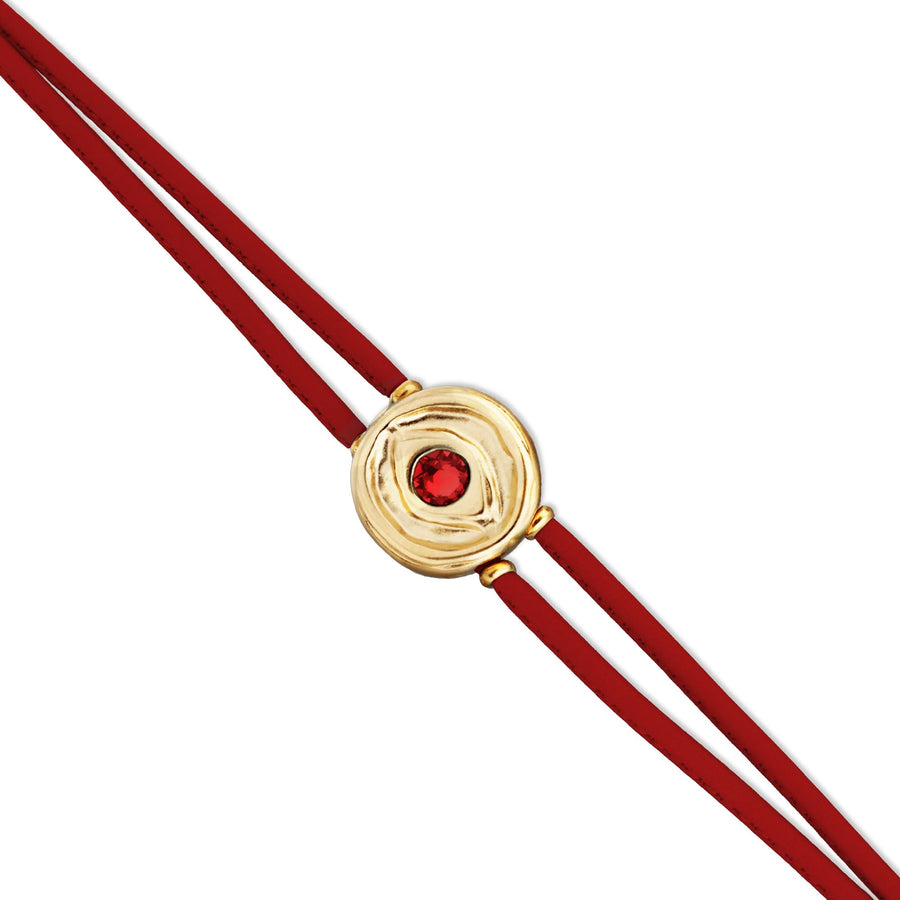 Double Red Leather Metal Alloy Eye Detail Pleated Gold 18K Crystal Bracelet PUL2601ROJORO0M