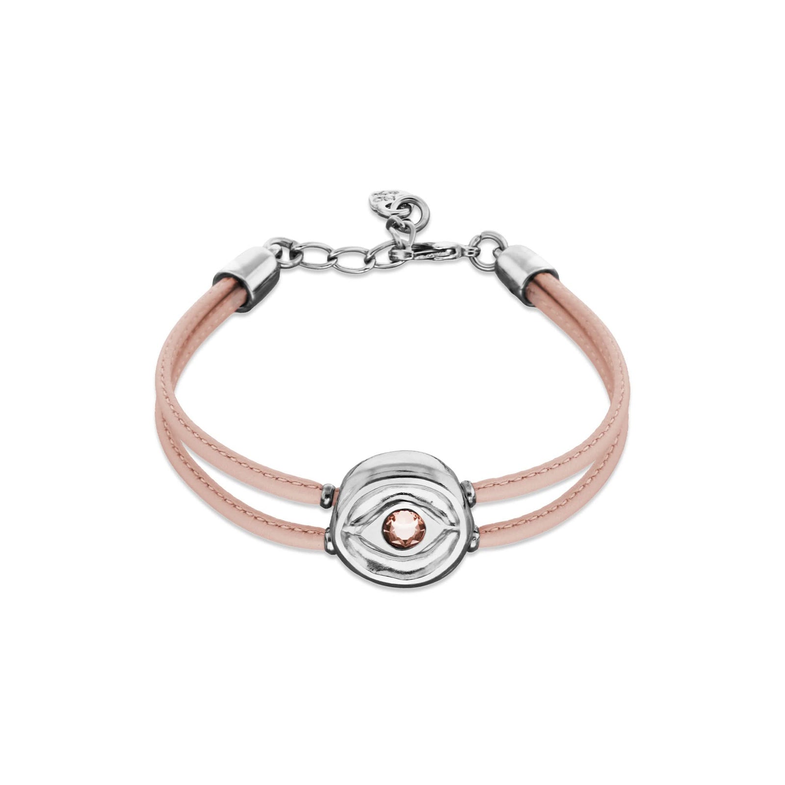 Double Pink Leather Metal Alloy Eye Detail Pleated Sterling Silver Crystal Bracelet PUL2601RSCMTL0M