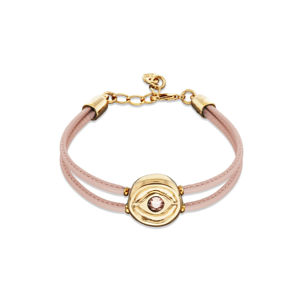 Double Pink Leather Metal Alloy Eye Detail Pleated Gold 18K Crystal Bracelet PUL2601RSCORO0M