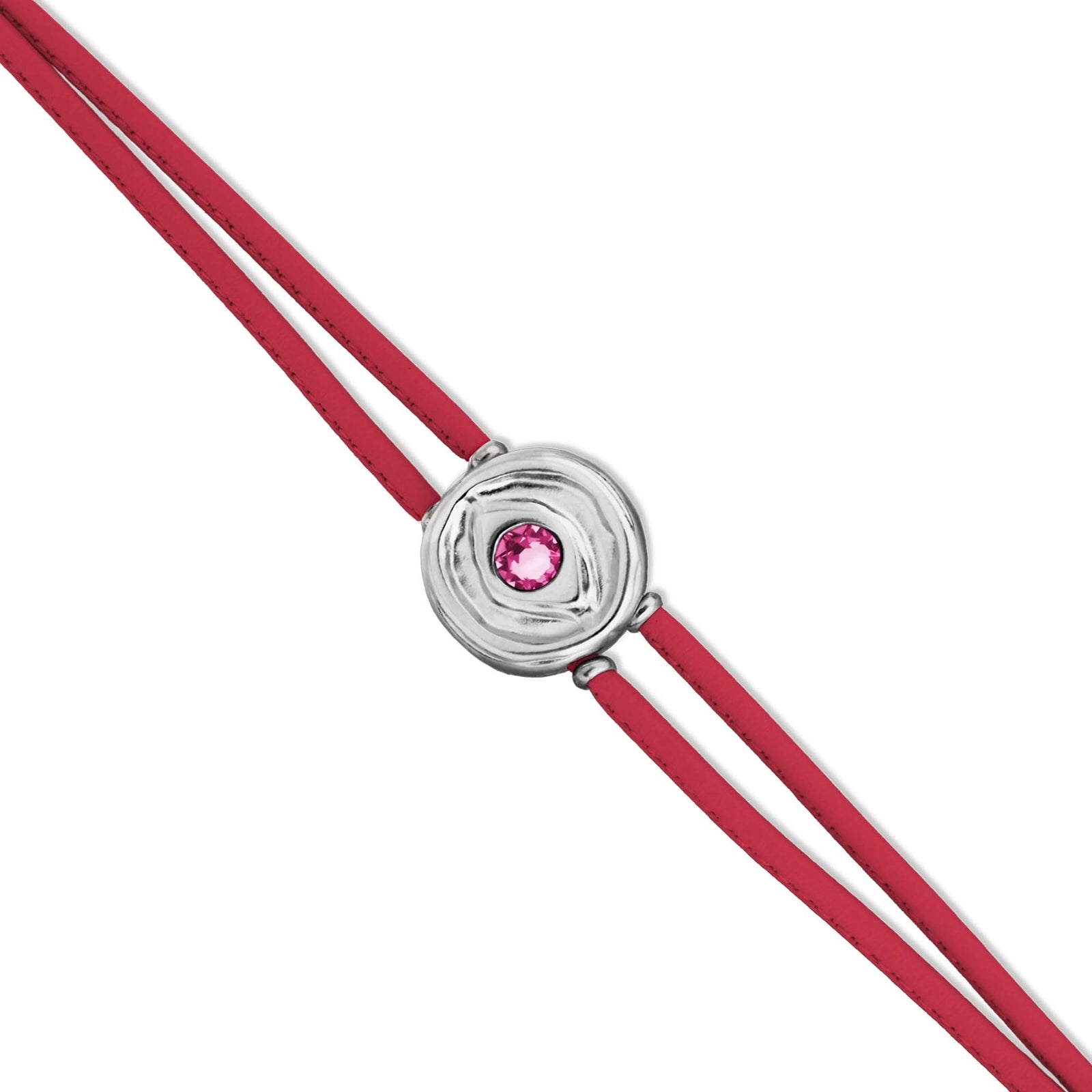 Double Dark Pink Leather Metal Alloy Eye Detail Pleated Sterling Silver Crystal Bracelet PUL2601RSOMTL0M