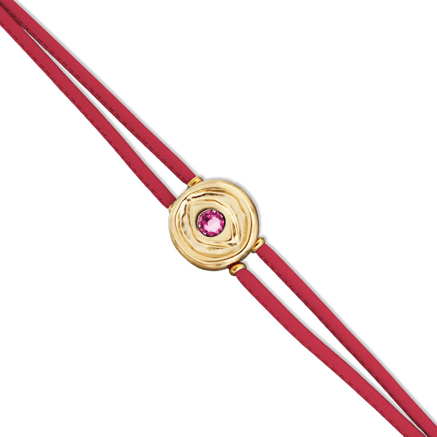 Double Dark Pink Leather Metal Alloy Eye Detail Pleated Gold 18K Crystal Bracelet PUL2601RSOORO0M