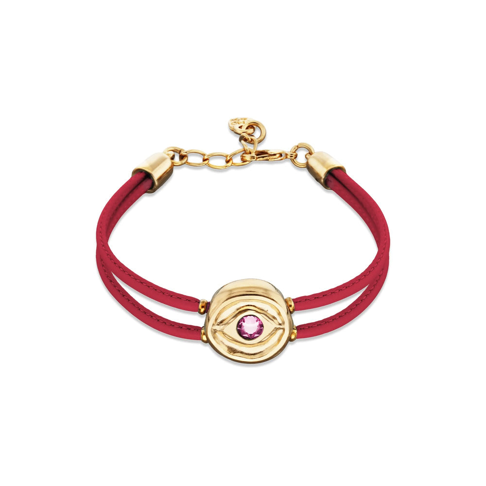 Double Dark Pink Leather Metal Alloy Eye Detail Pleated Gold 18K Crystal Bracelet PUL2601RSOORO0M